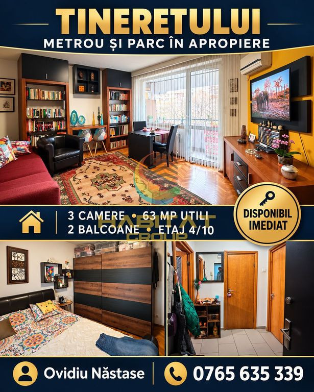 Tineretului – 3 camere lângă metrou și parc