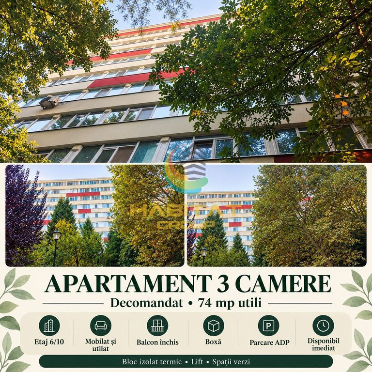 Apartament 3 camere, decomandat, mobilat și utilat, boxă și parcare ADP